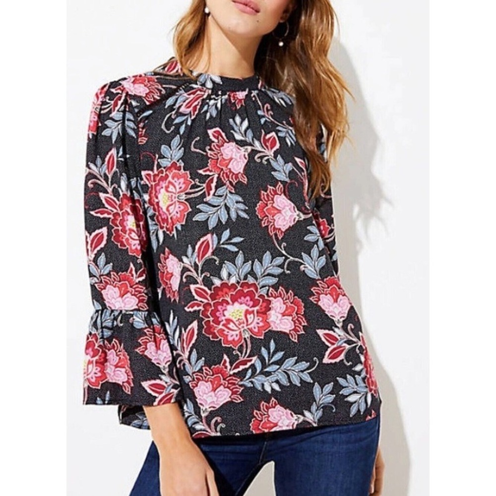 LOFT Blouse Womens Petite LP Floral Polka Dot Blouse Bell Sleeve Ladder Lace Top